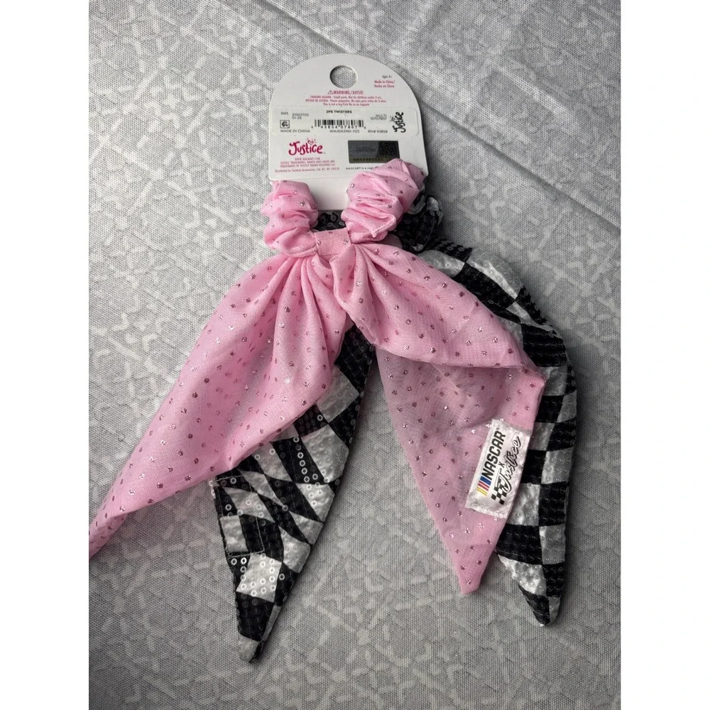 Justice NASCAR Hair Twisters Girls O/S Pink Black Checkered Sequin Bow 2PK Race